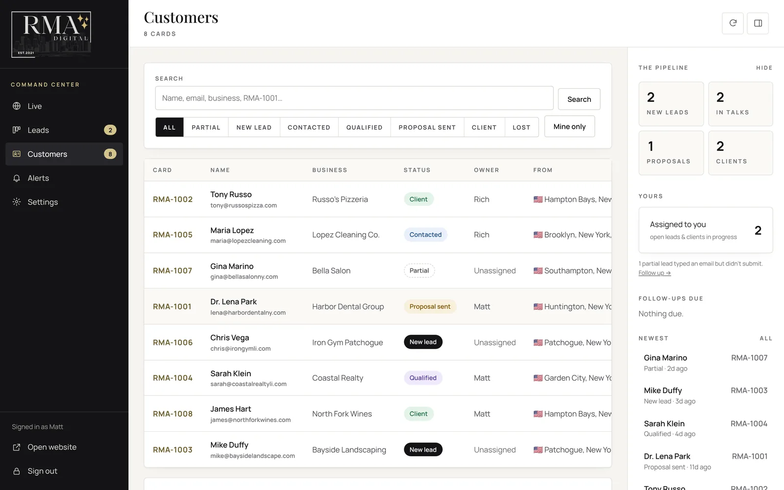 Business dashboard listing every customer with status, owner, location and source