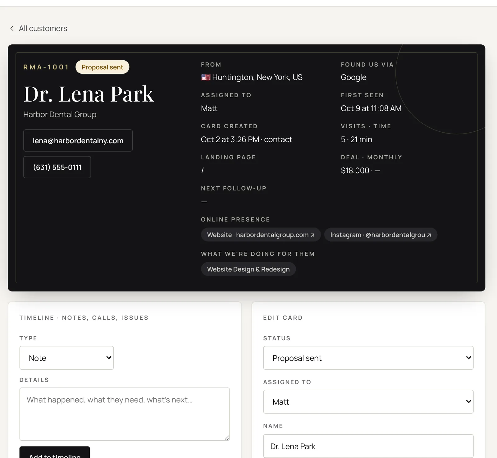 Customer ID card showing contact details, location, source, online presence, services and a timeline of notes